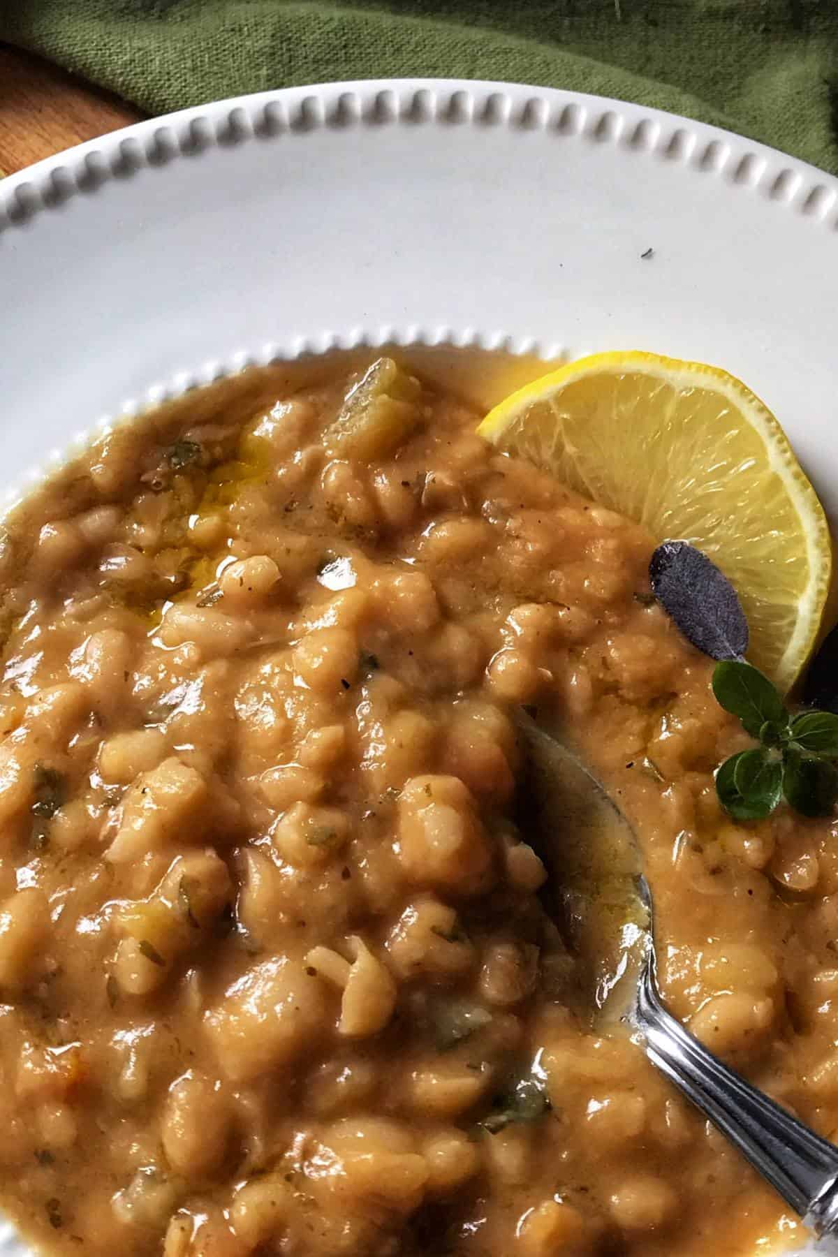 A close up picture of the thick white bean soup.