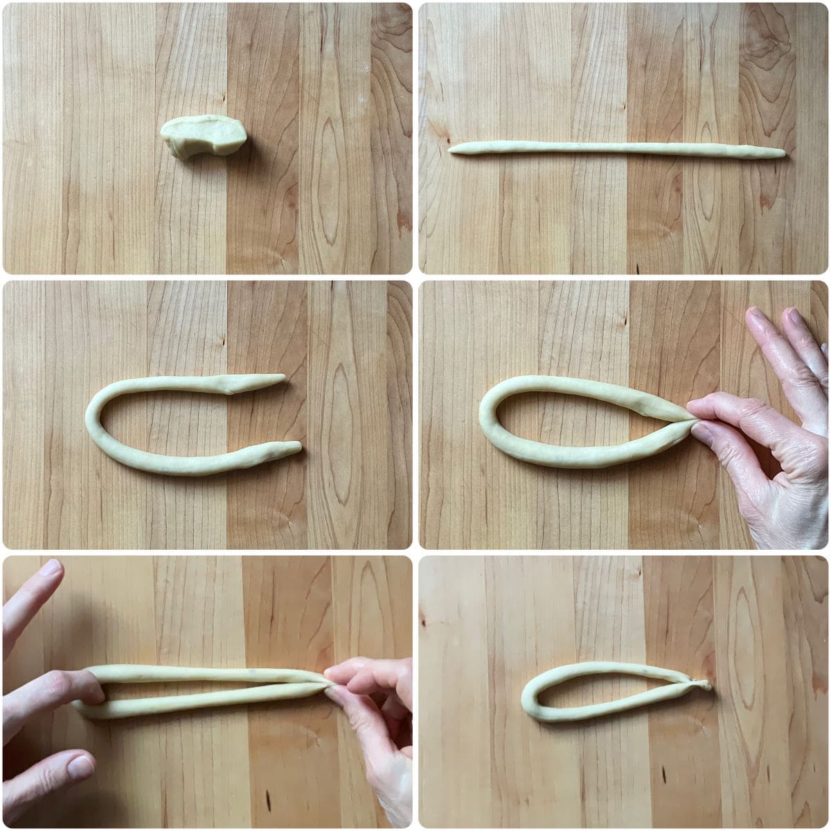 A photo collage of taralli being shaped in an oblong form.