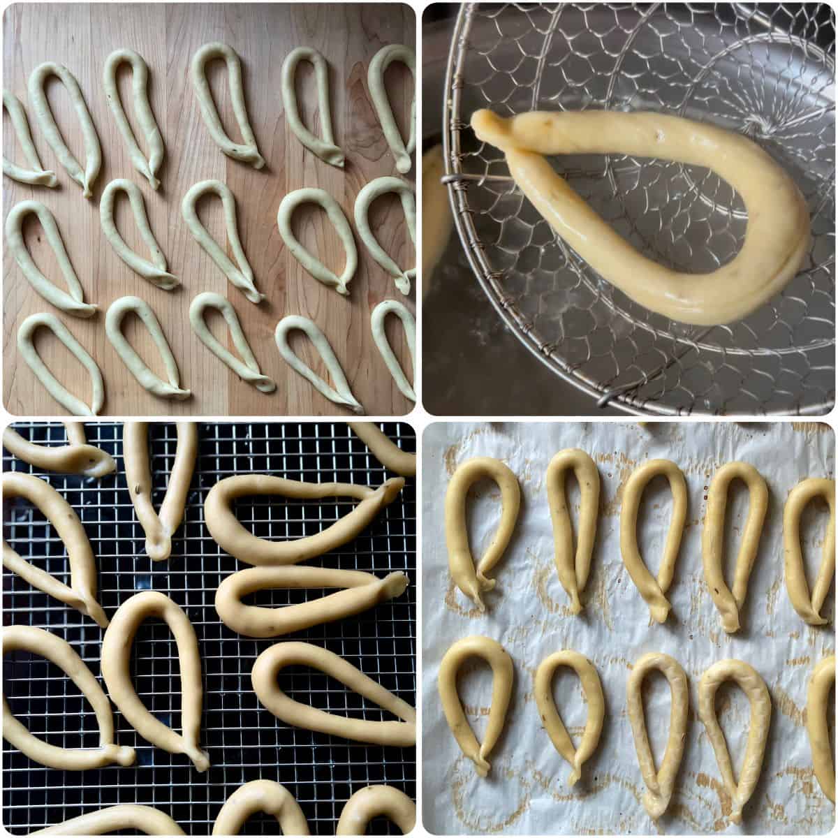 A photo collage of taralli on cookie sheets.