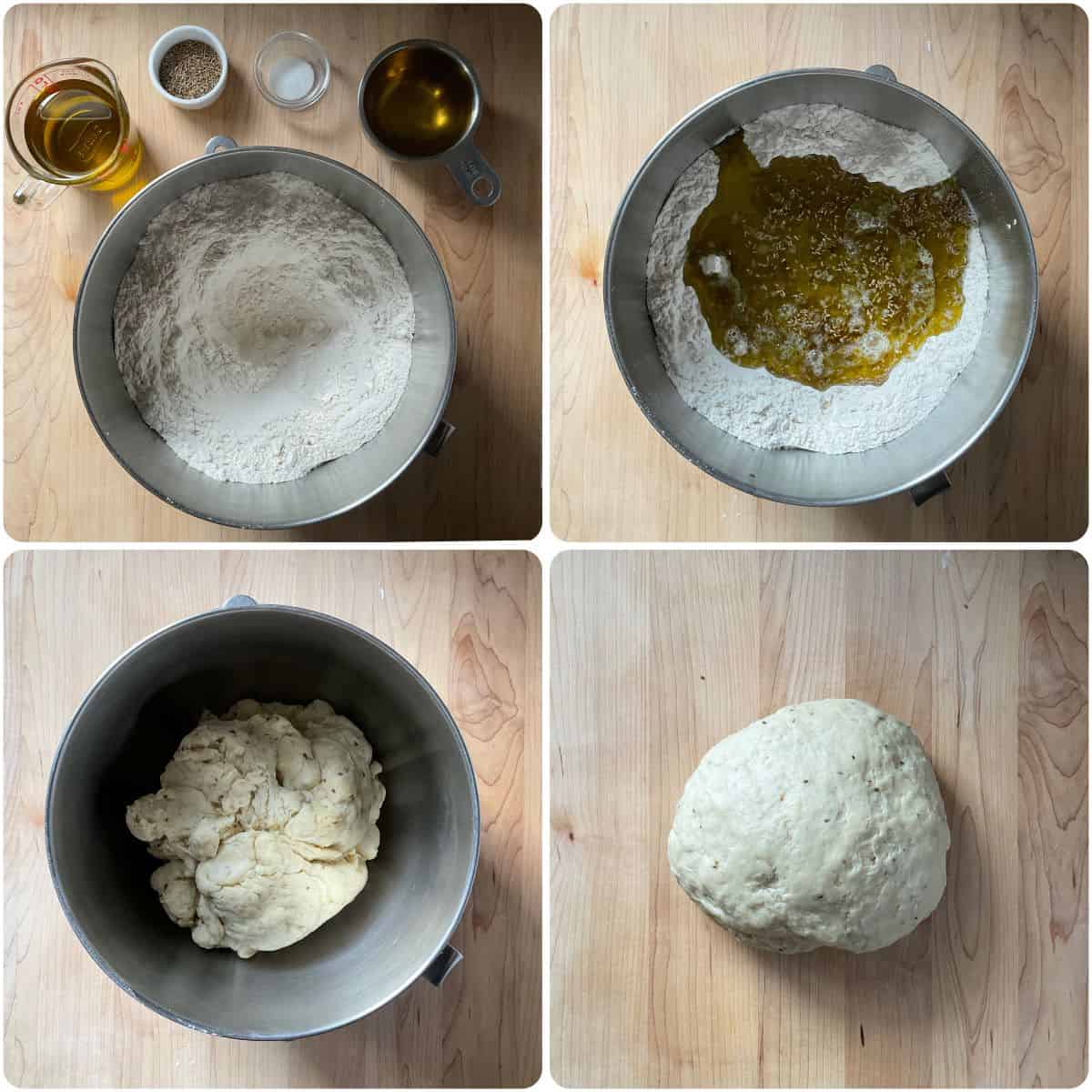 A photo collage of Taralli dough being combined in a bowl of a food processor.
