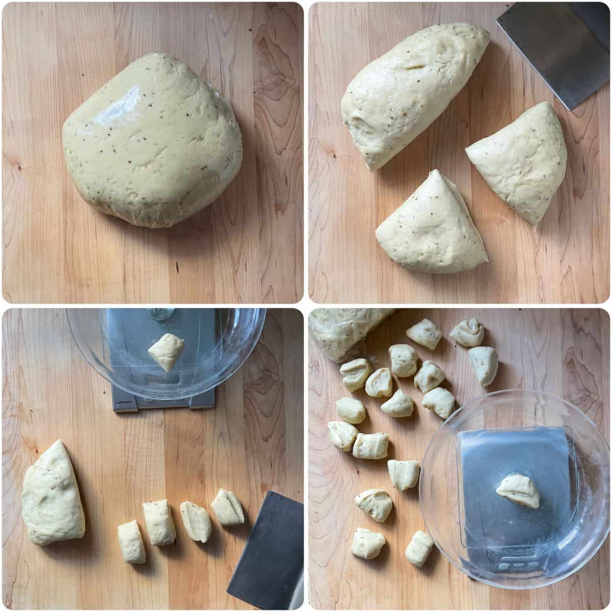 A photo collage of taralli dough being separated into small pieces of dough.