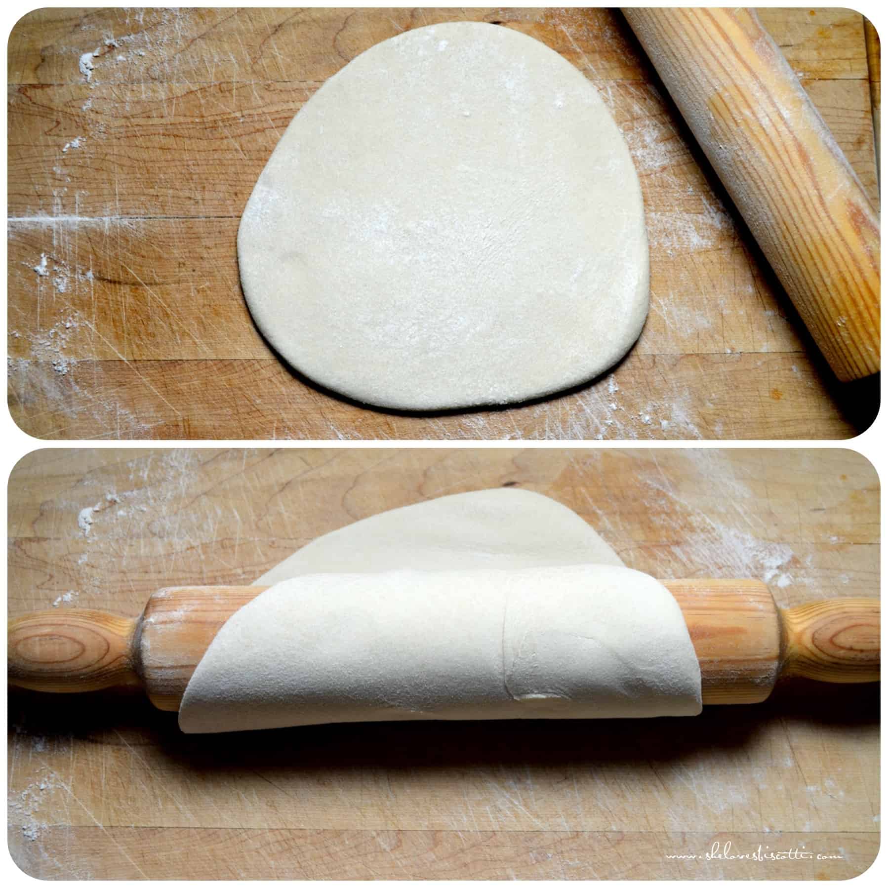 Step by step photo of rolled out cavatelli dough on a wooden board.