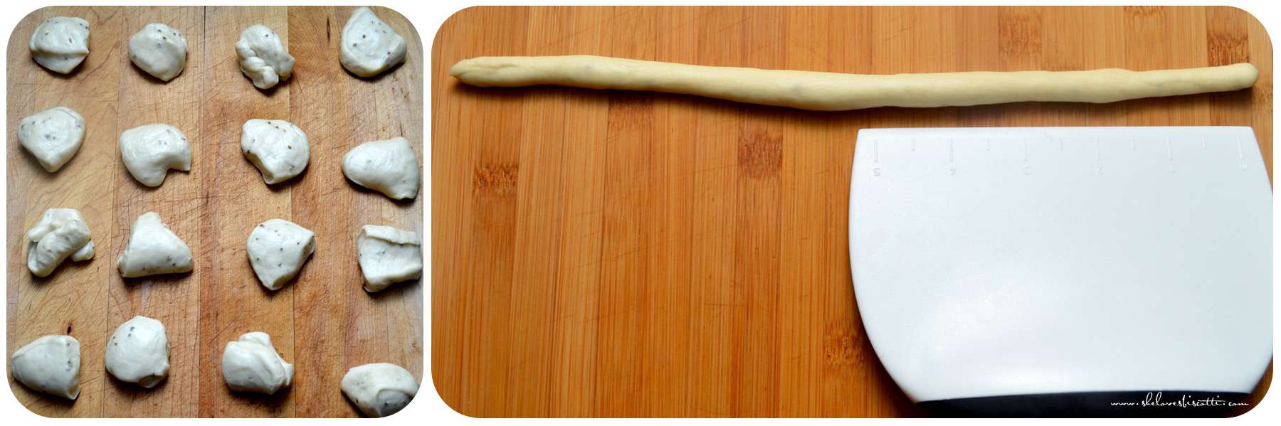 A photo collage showing how long the dough needs to be rolled out. 