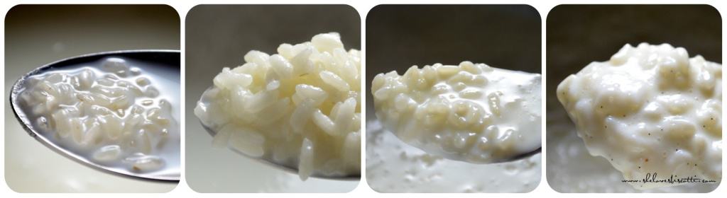 A photo collage showing the different textures of rice pudding.