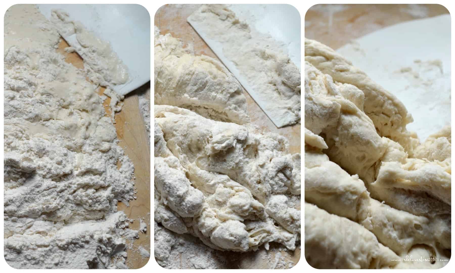 Step by step photos of how to knead together the cavatelli dough.