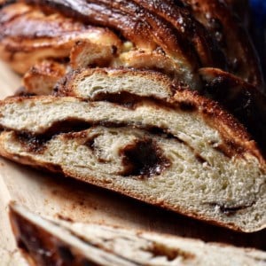 The soft interior of a braided bread recipe with a chocolate filling.