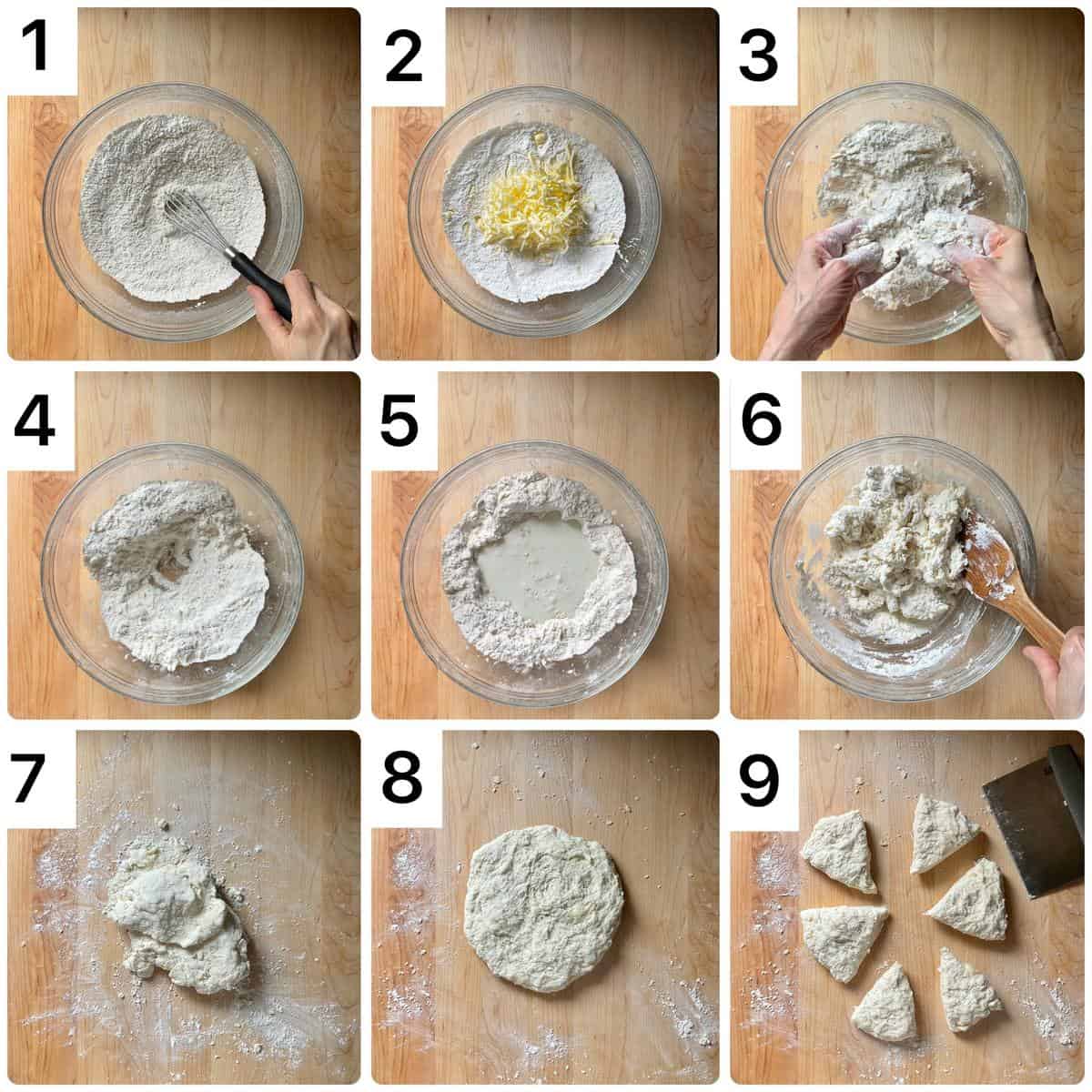 A photo collage of the biscuit ingredients being combined.
