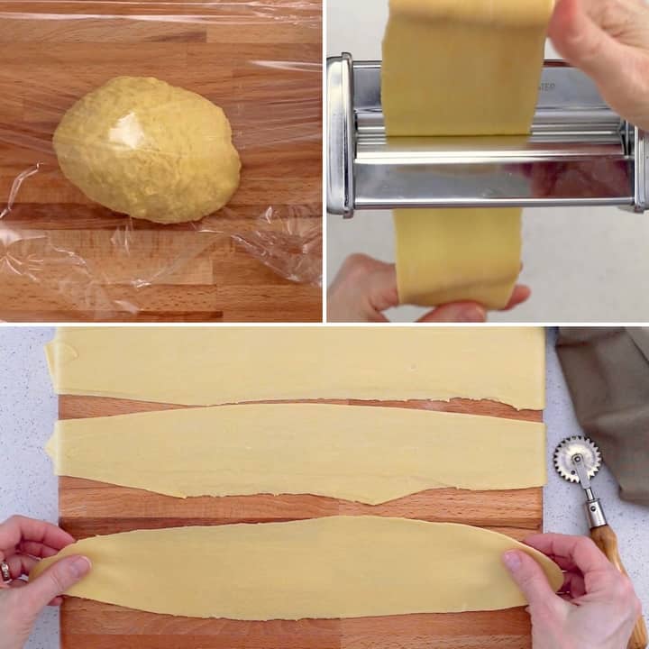 A photo collage of the crostoli or chiacchere dough as it goes through a pasta roller in order to achieve the thinnest dough ever! 
