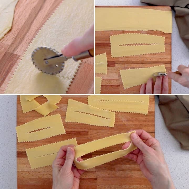 A photo collage depicting how the Crostoli dough is cut with a fluted pastry cutter. They look like ribbons hence the name Italian ribbon cookies.