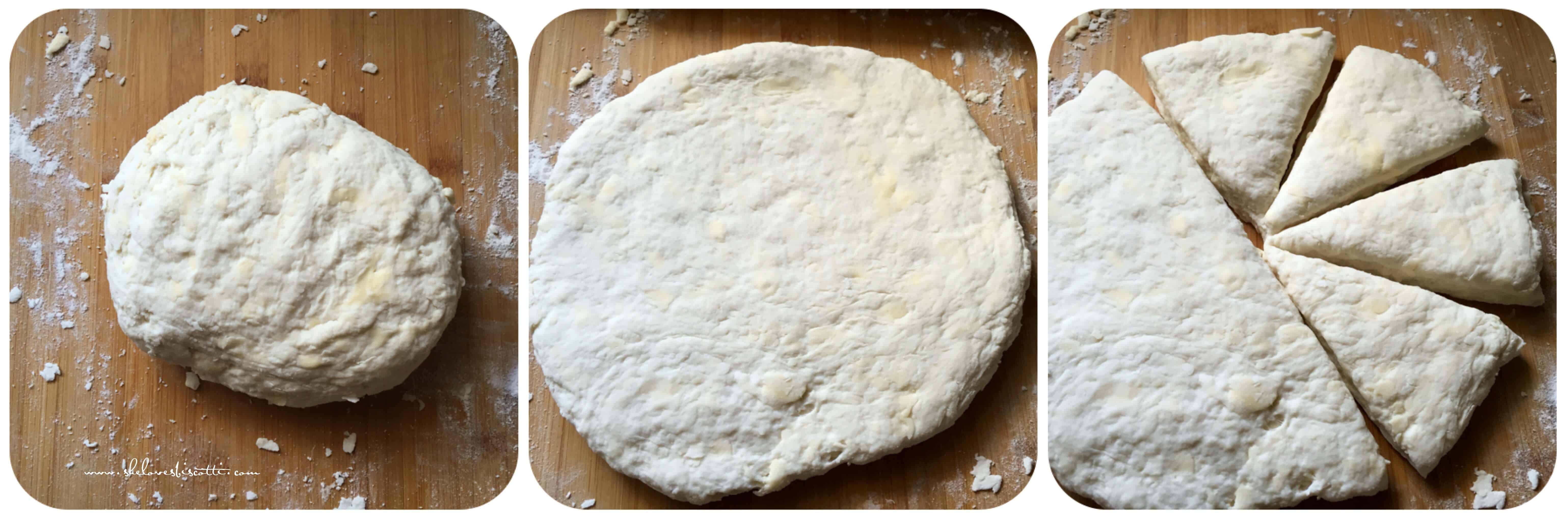 A photo collage of the dough being cut.
