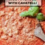 Homemade cavatelli with ricotta tomato sauce in a pot.