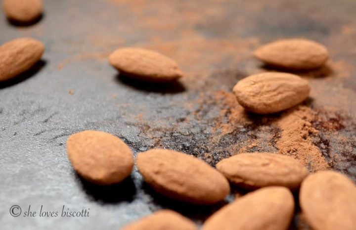 A few cocoa dusted almonds scattered on a dark surface.