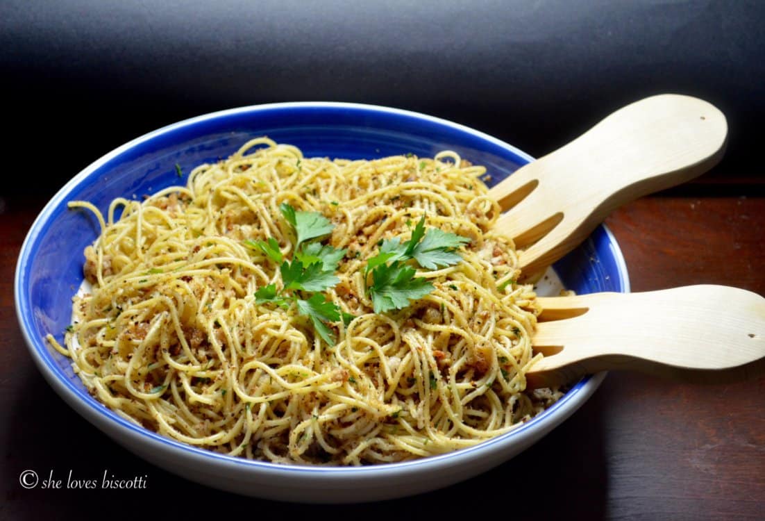 A large serving bowl of Saint Josephs Day Spaghetti Recipe