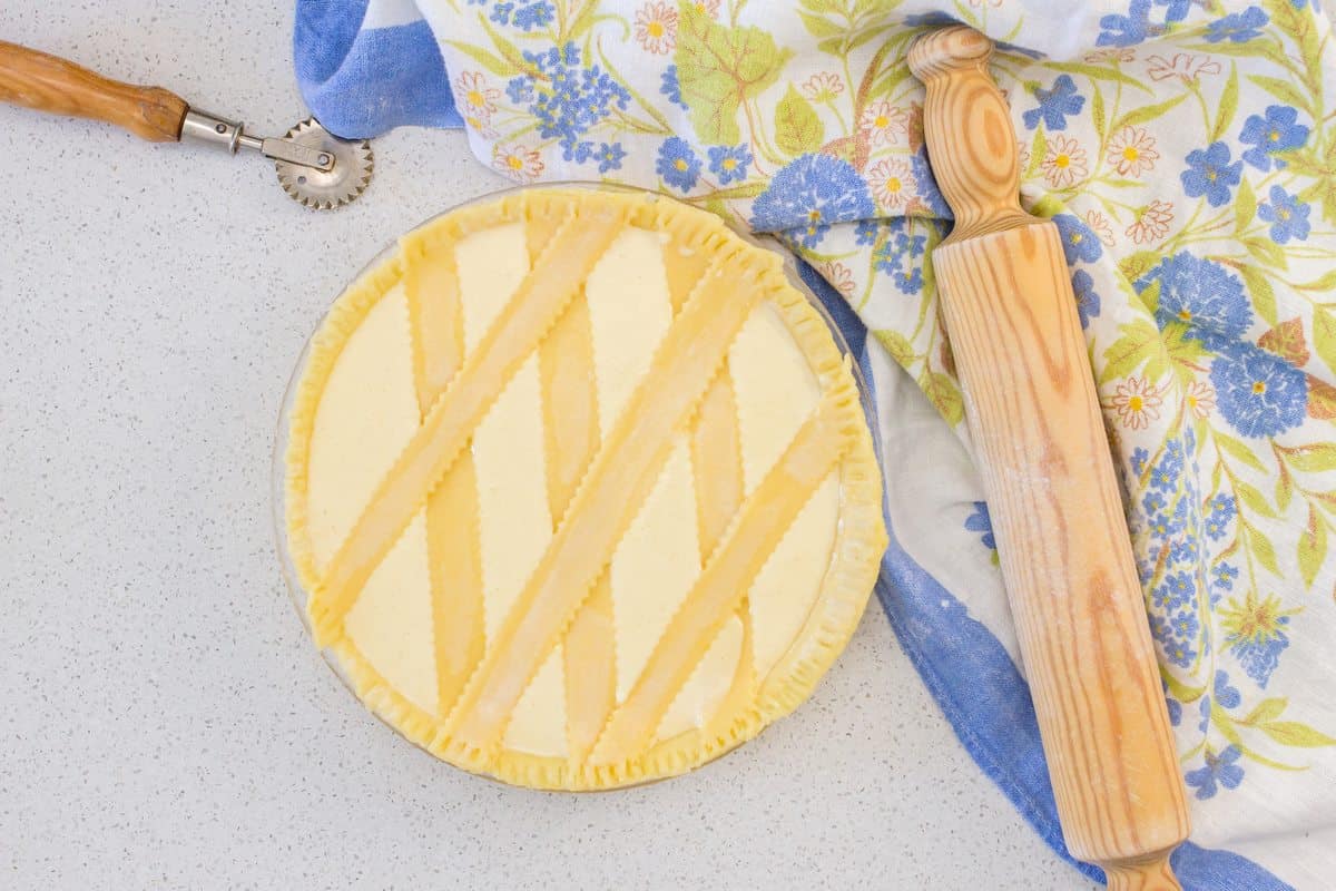 The lattice topped ricotta pie about to be baked.