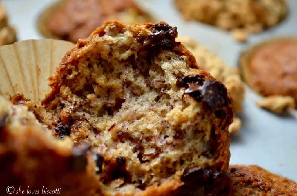 A close up of the tender and moist crumb of a banana muffin.
