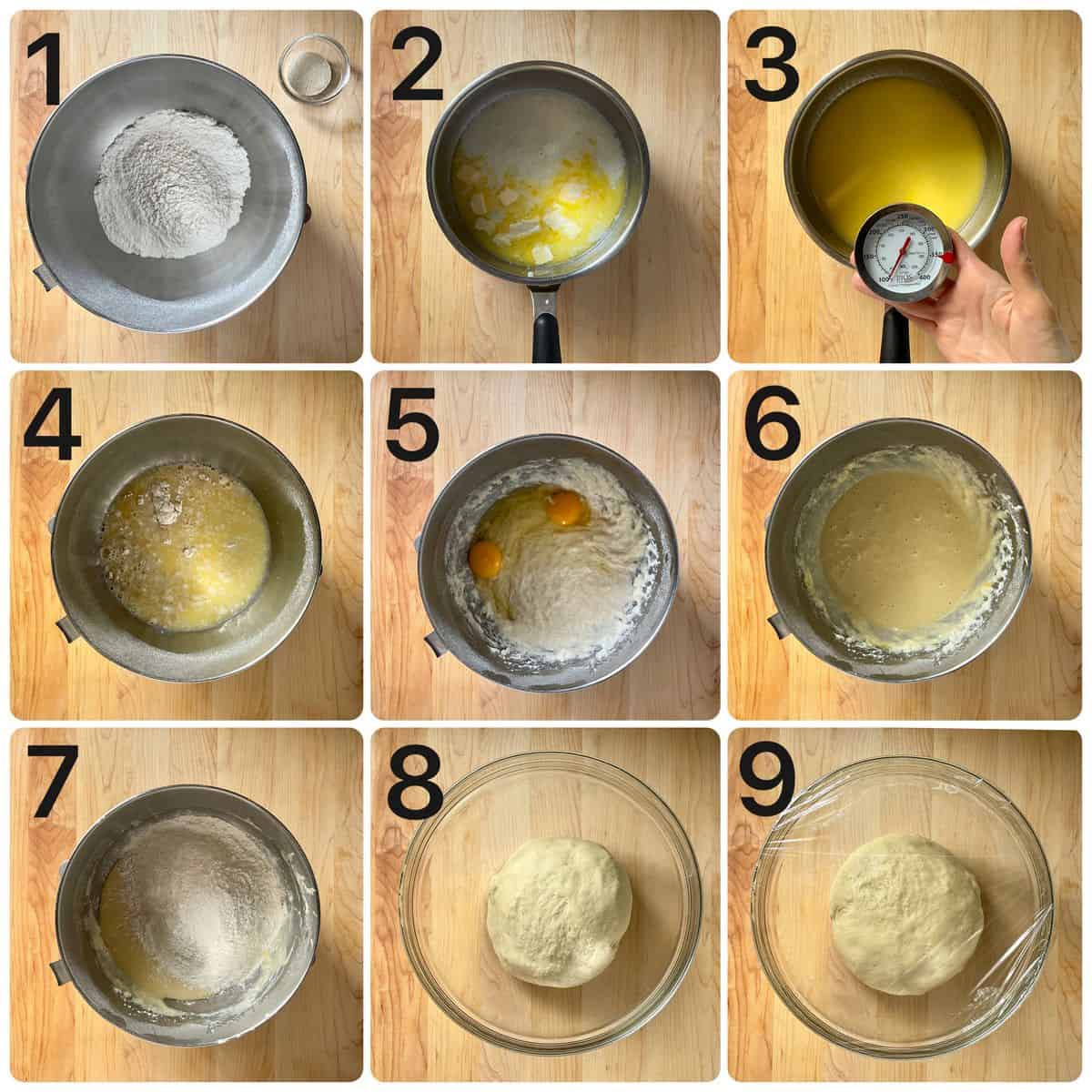 Step by step photo collage of how to make cinnamon rolls.