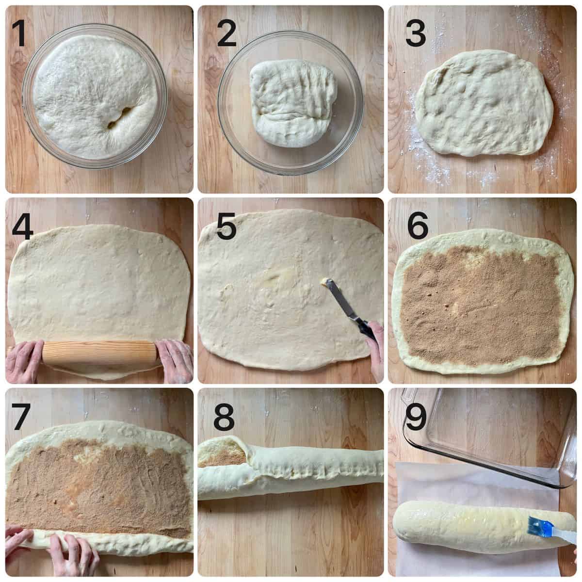 Step by step process of rolling cinnamon rolls.