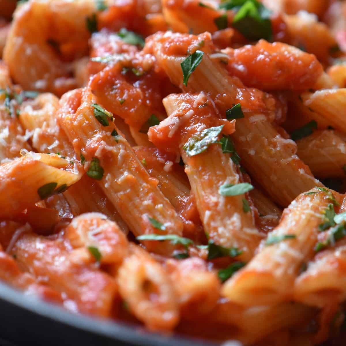 A close up photo of penne pasta with spicy tomato sauce.