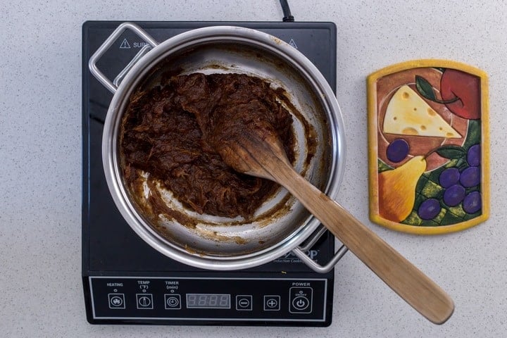 The date filling for date squares in a large sauce pan.