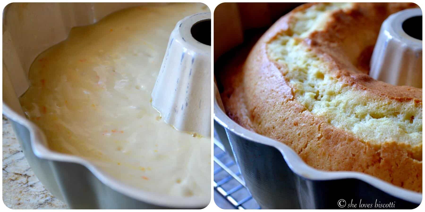 A picture showing teh batter before and after this Italian cake is baked