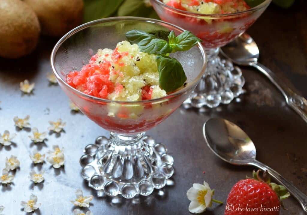 Italian granita flavored with strawberry and kiwi. 