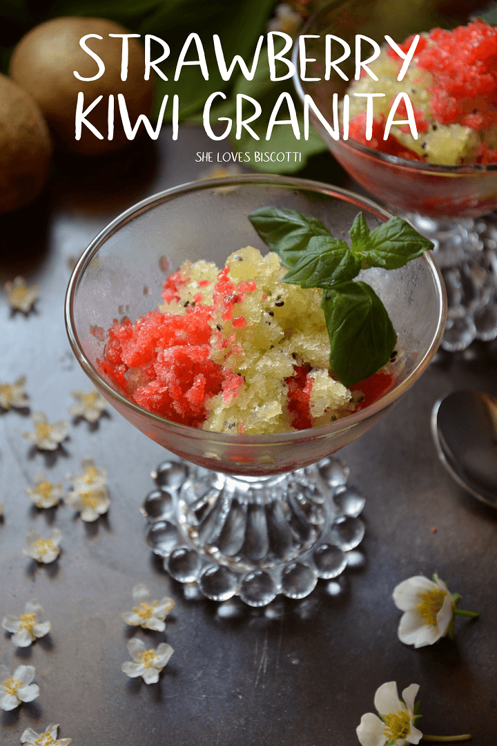 Strawberry and kiwi granita in a glass bowl decorated with mint leaves.