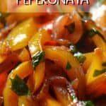 A close up shot of peperonata aka Italian bell pepper stew.