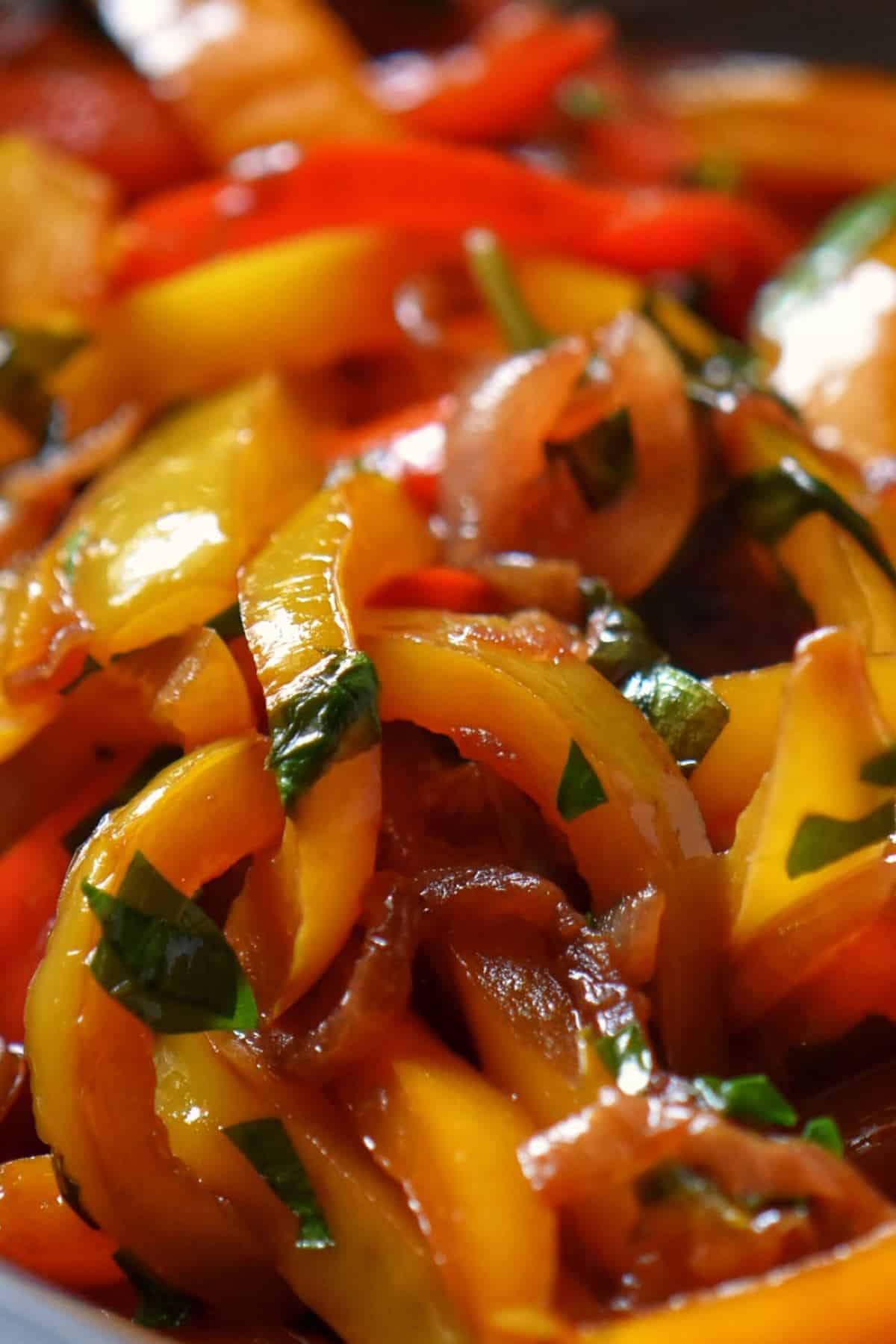 A close up shot of Peperonata aka Italian Bell Pepper Stew. 