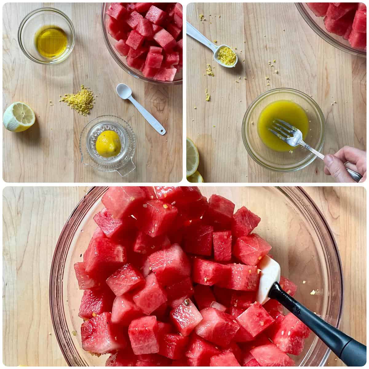 Step by step photos of the lemon vinaigrette being added to the watermelon cubes.