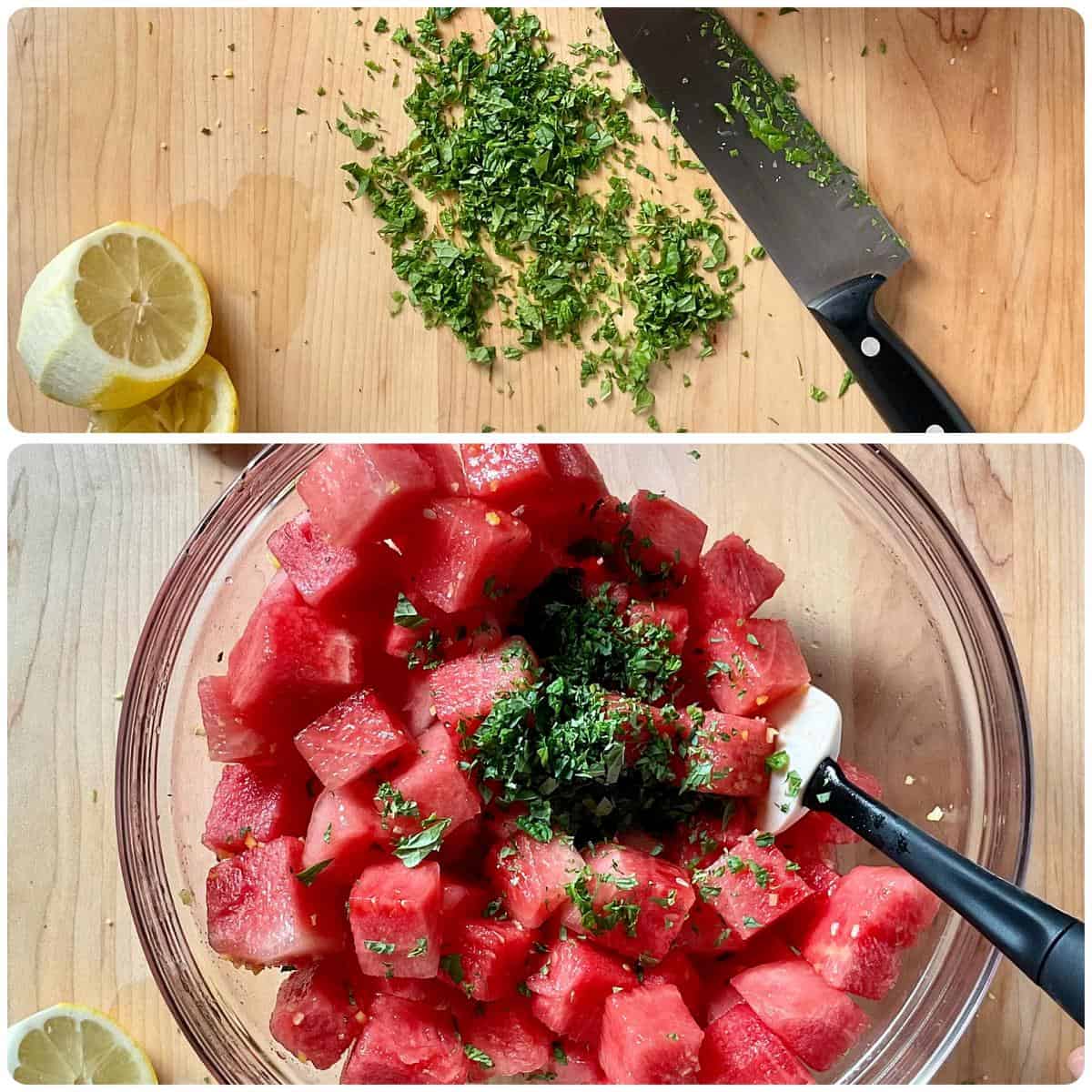 Minced fresh mint leaves being added to a watermelon salad.