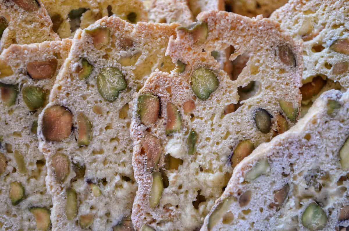 A close up of pistachio biscotti.