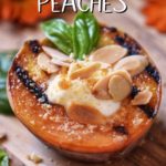 A grilled peach garnished with whipped ricotta, almonds and basil.