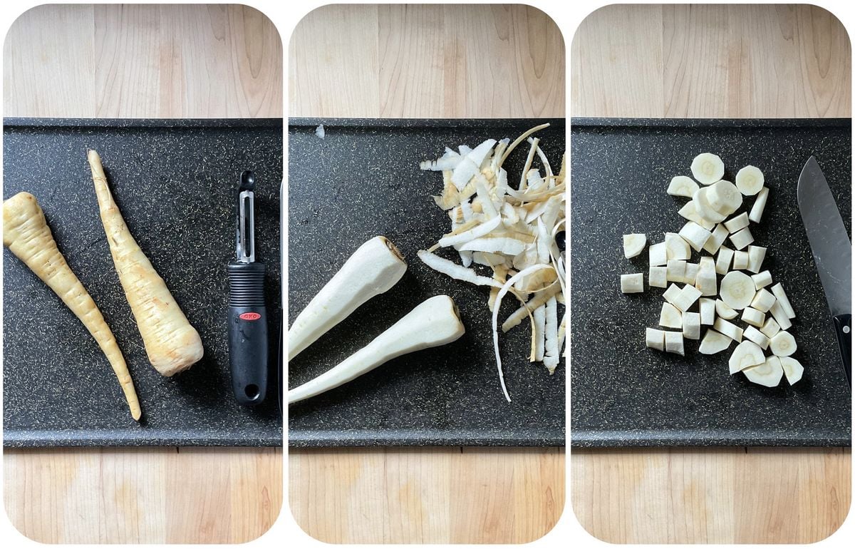 Fresh parsnips on a sheet pan, about to be roasted.