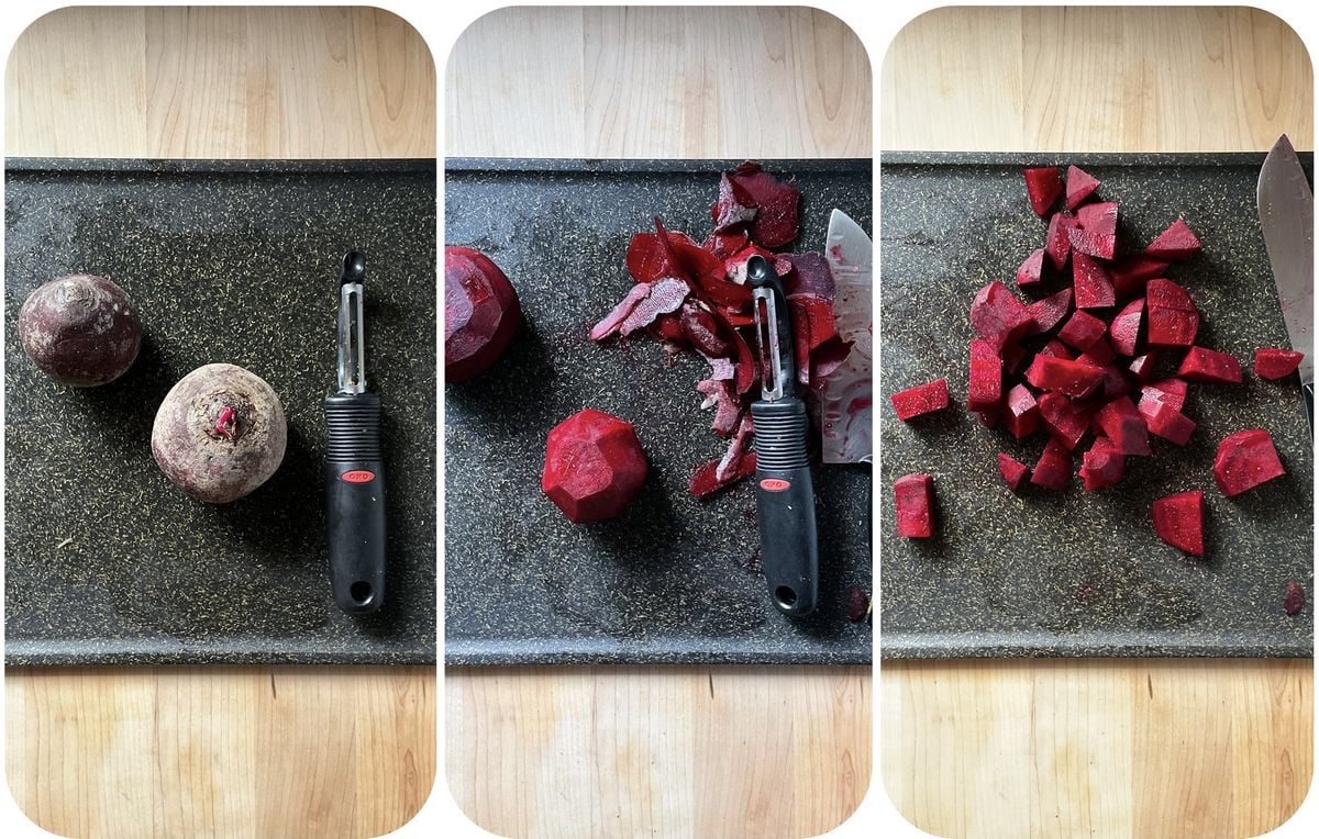 Two fresh beets on a sheet pan.