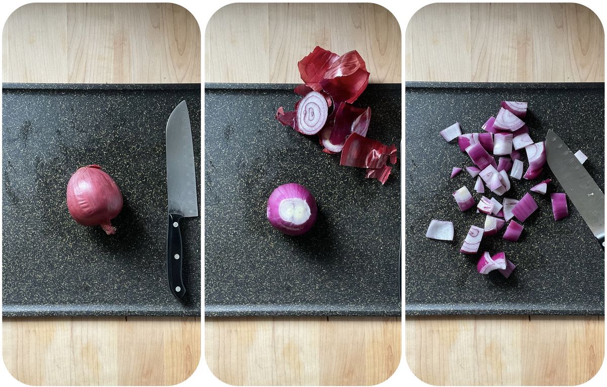 A red onion on a sheet pan.