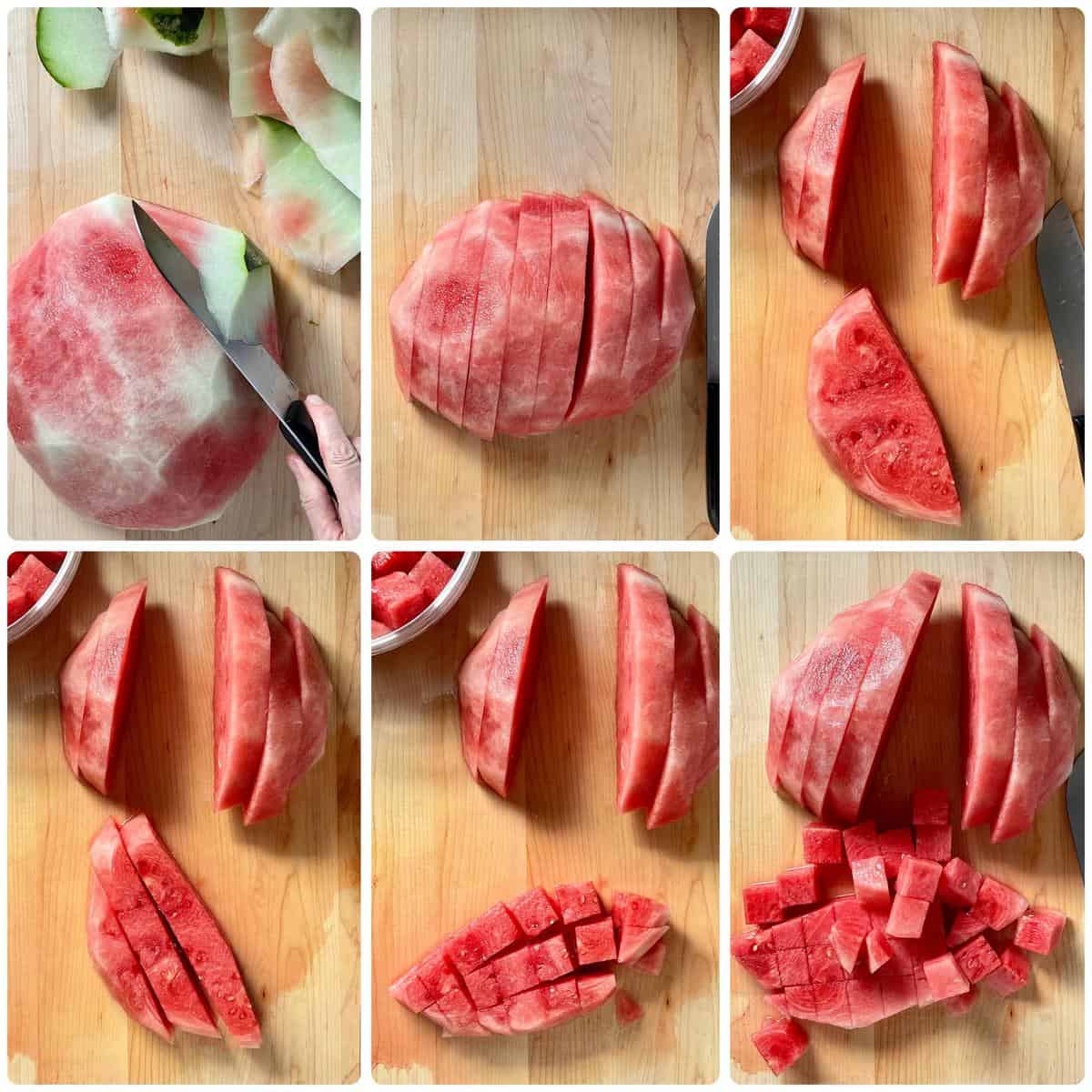 Step by step photos of how to cut a watermelon into cubes.