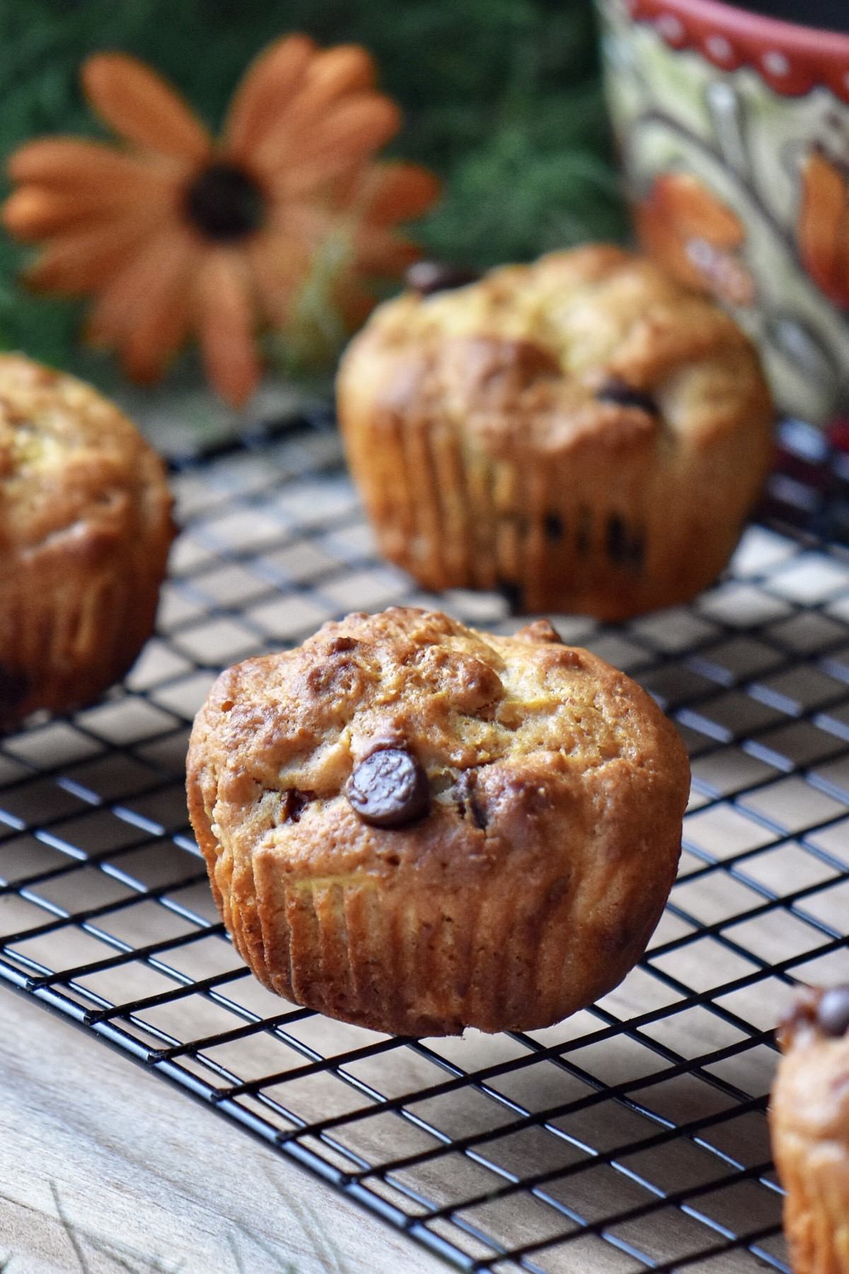 Zucchini muffins on a cooling rack.