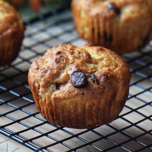 A chocolate chip zucchini muffin on a cooling rack.