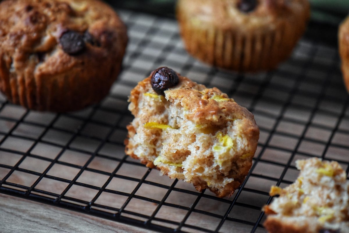 The interior of a zucchini muffin.