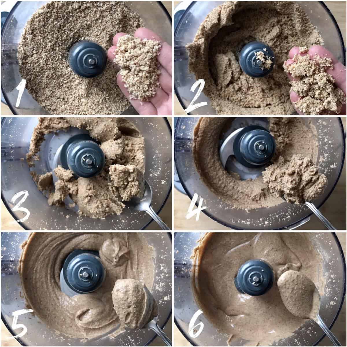 The transformation of almond butter from whole almonds to chopped up almonds to almond butter.