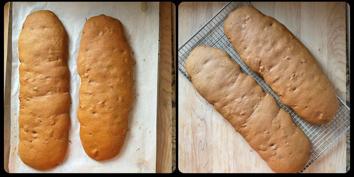 Baked biscotti logs cooling off.