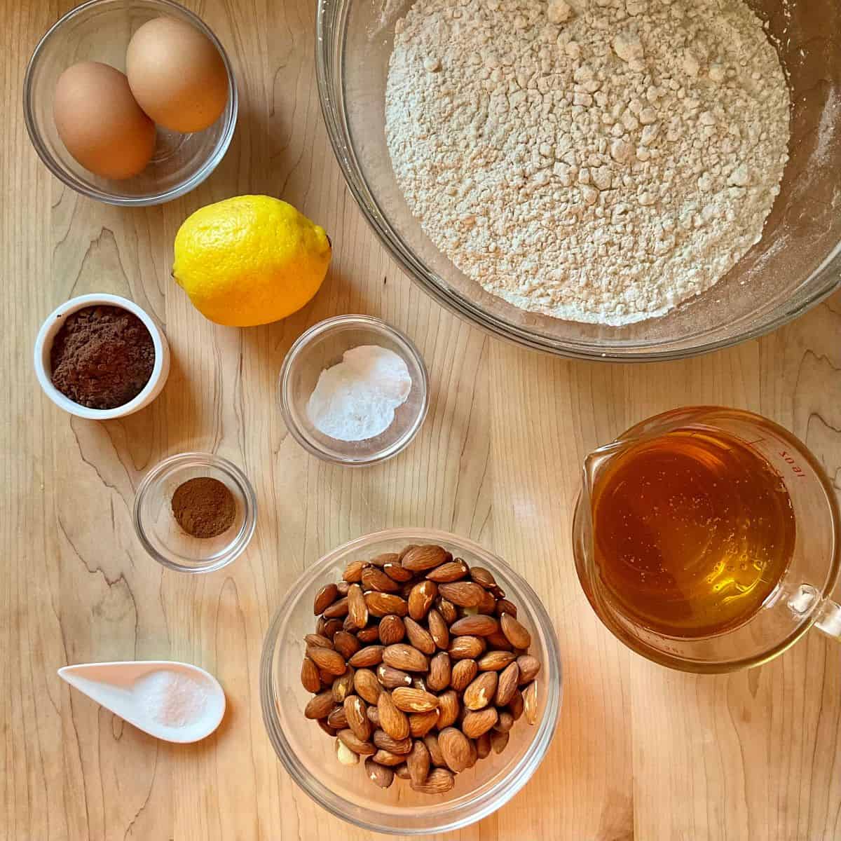 Ingredients to make Italian cocoa biscotti.