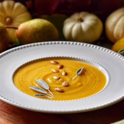 An overhead shot of the perfect bowl of soup: Roasted Butternut Squash Soup