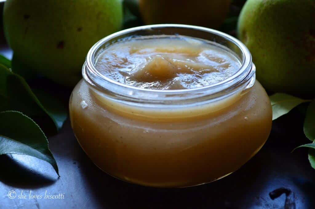 The gentle swirl of the pear butter in a jar.
