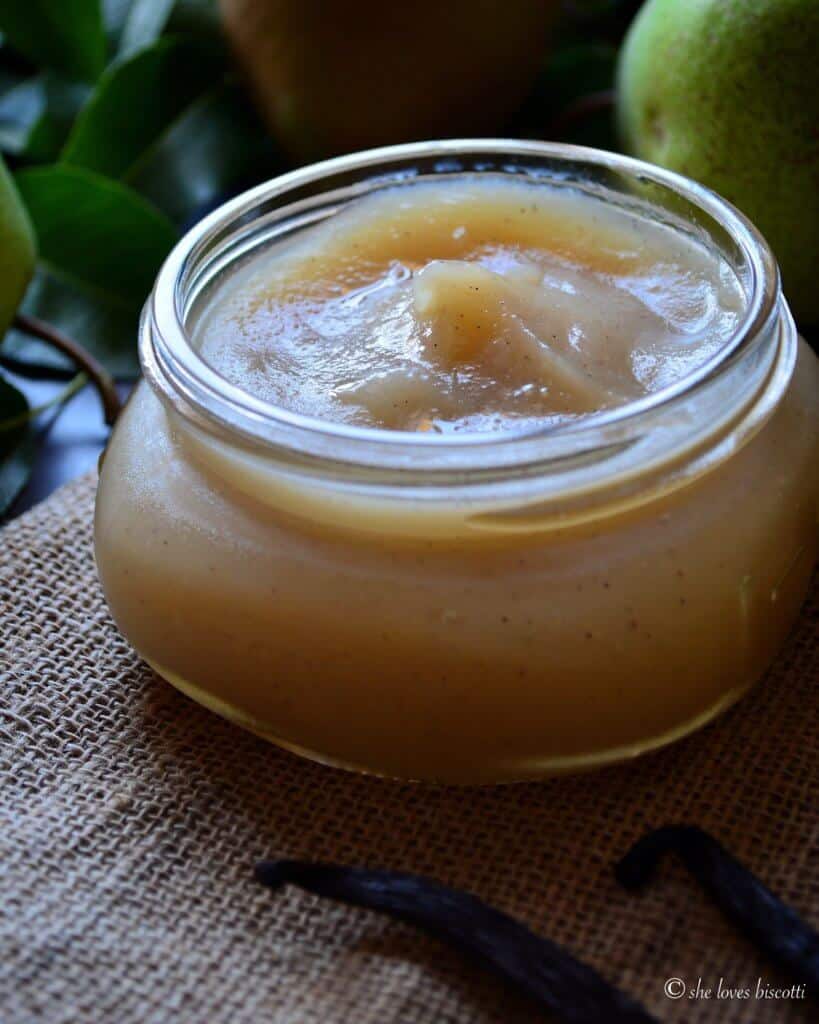 A close up of the smooth consistency of the Crock pot Vanilla Pear Butter Recipe.