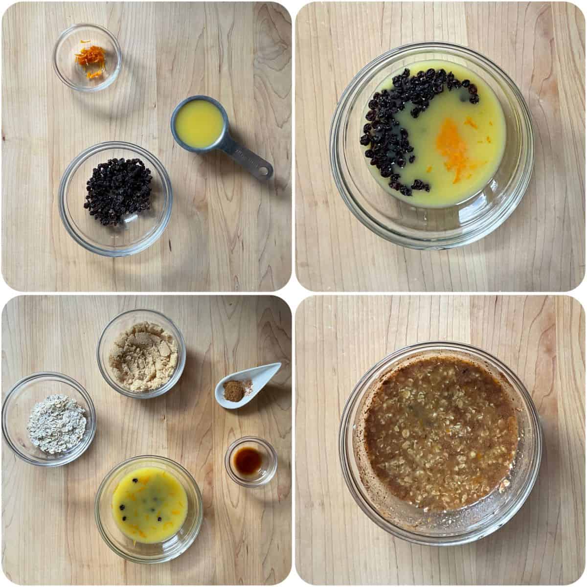 A photo collage of the brown sugar oat filling mixture being combined in small bowls.