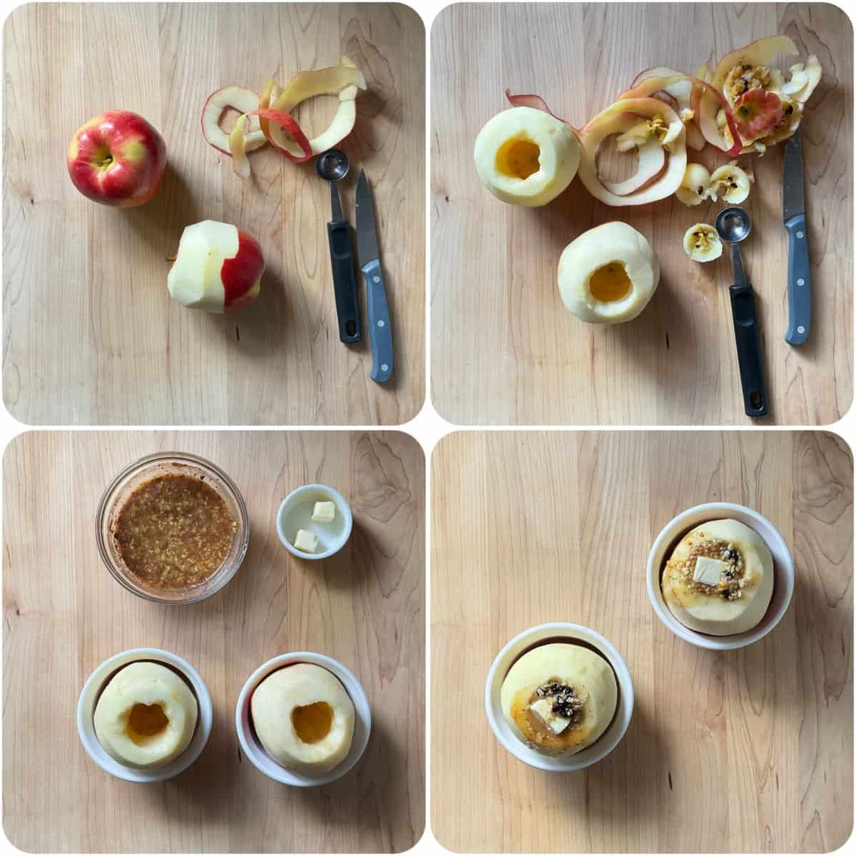 A photo collage of apples being cored and half-peeled and filled with the oat mixture ready for baking.
