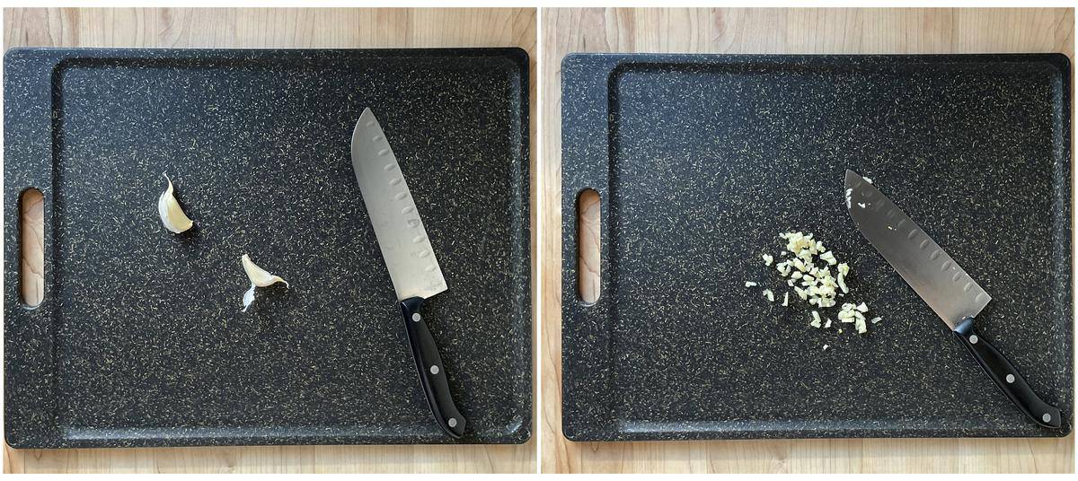A photo collage of minced garlic on a cutting board.