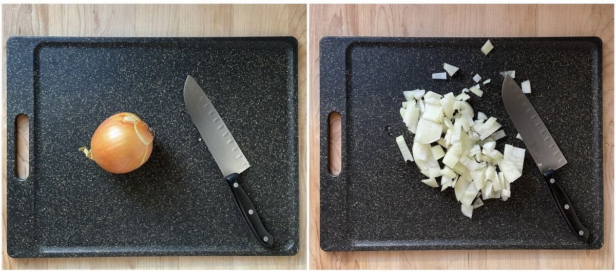A photo collage of chopped onion on a cutting board.