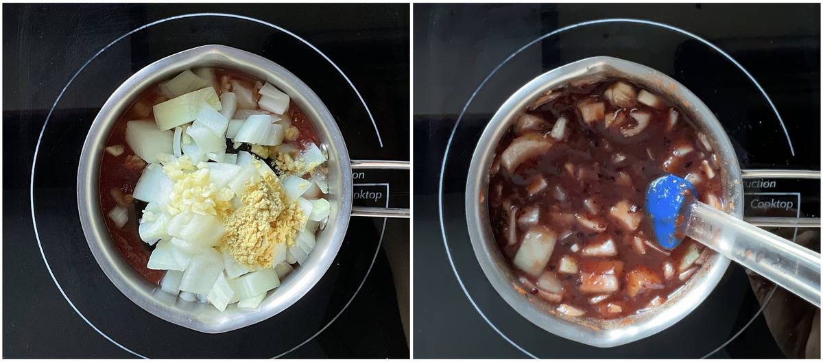 A photo collage of the sauce in a small pan.